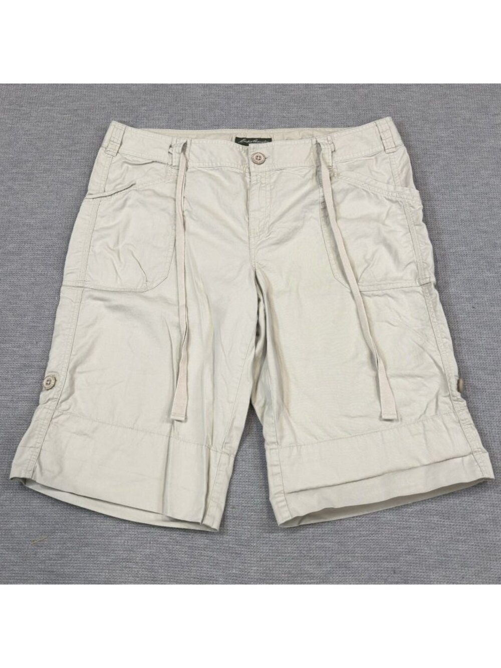 Eddie Bauer Shorts Womens Size 14 Light Khaki Roll Up Cuff Straps Pockets Cotton